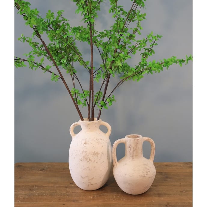 16" high terracota vase with two handles distressed white