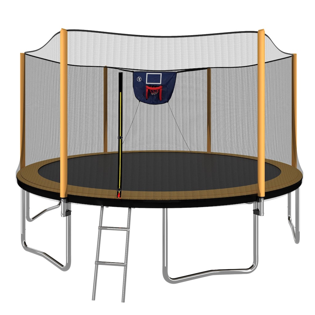 14FT Trampoline with Basketball Hoop Inflator and Ladder(Outer Safety Enclosure) Orange