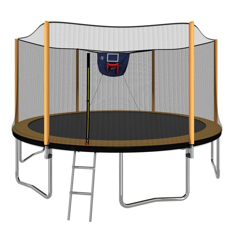 14FT Trampoline with Basketball Hoop Inflator and Ladder(Outer Safety Enclosure) Orange - Orange