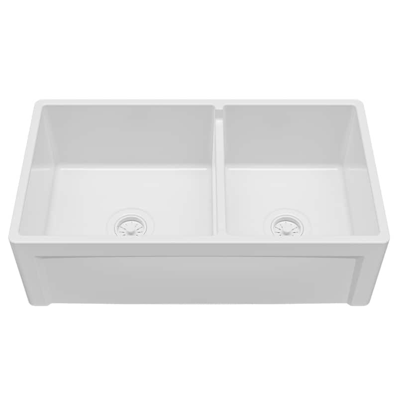 Karran 33" Double Bowl Panel Front Farmhouse Fireclay Kitchen Sink with Reversible Apron Front