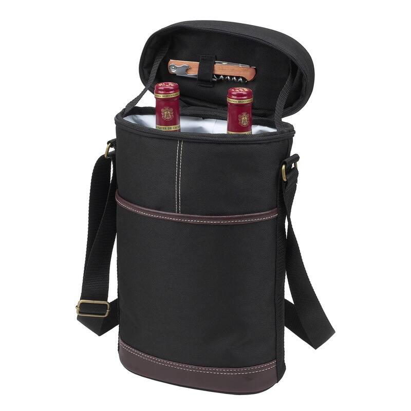 Picnic at Ascot - Insulated 2 Bottle Travel Wine Tote with Corkscrew & Shoulder Strap -Black