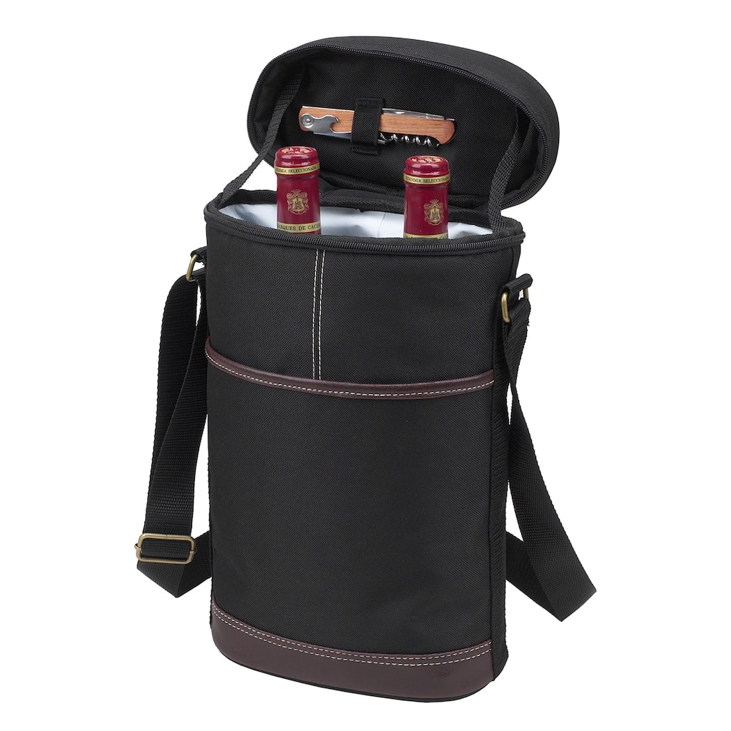 Picnic at Ascot - Insulated 2 Bottle Travel Wine Tote with Corkscrew & Shoulder Strap -Black