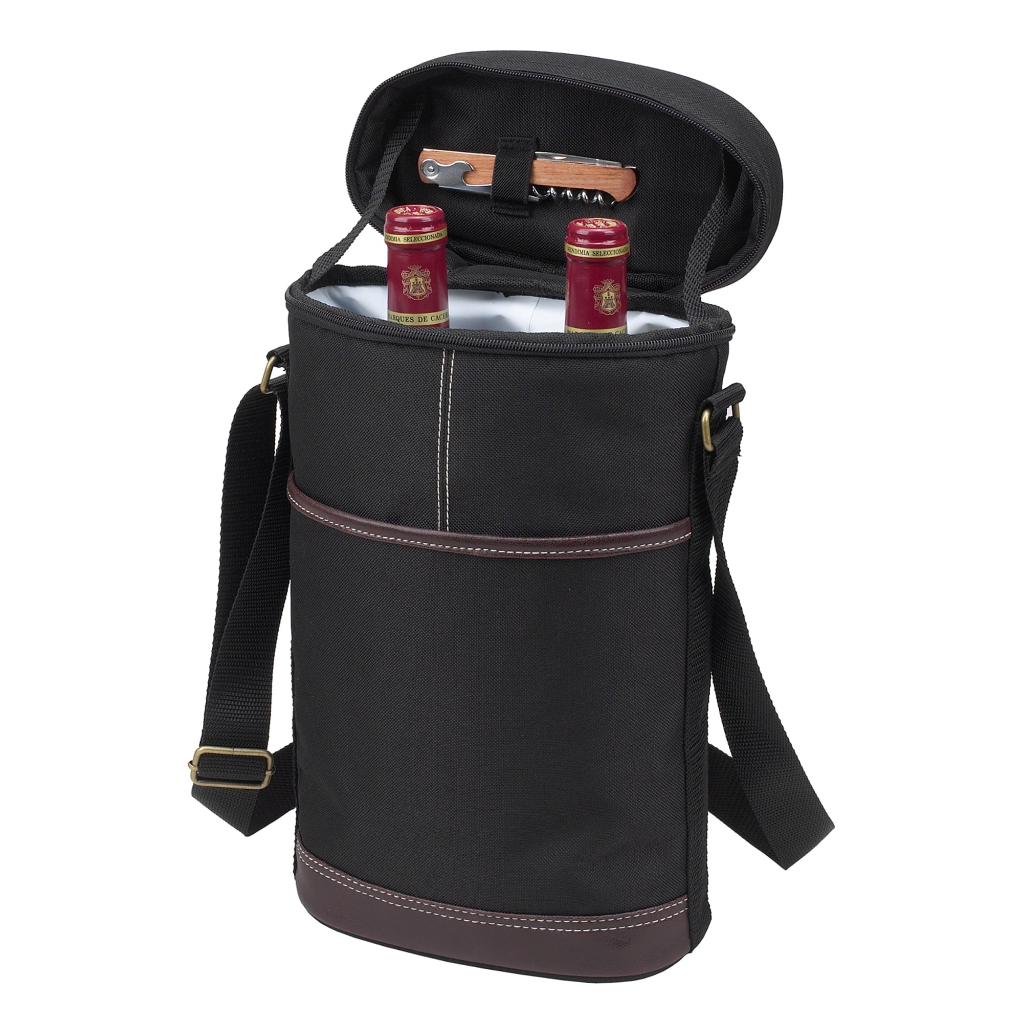 Picnic at Ascot - Insulated 2 Bottle Travel Wine Tote with Corkscrew & Shoulder Strap -Black