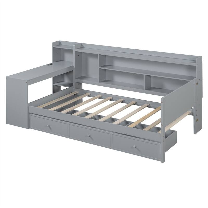 Twin/Full Daybed with 3 Storage Drawers and Bedside Desk, Wooden Day Bedframe Sofa Bed with Storage Shelves and USB Ports