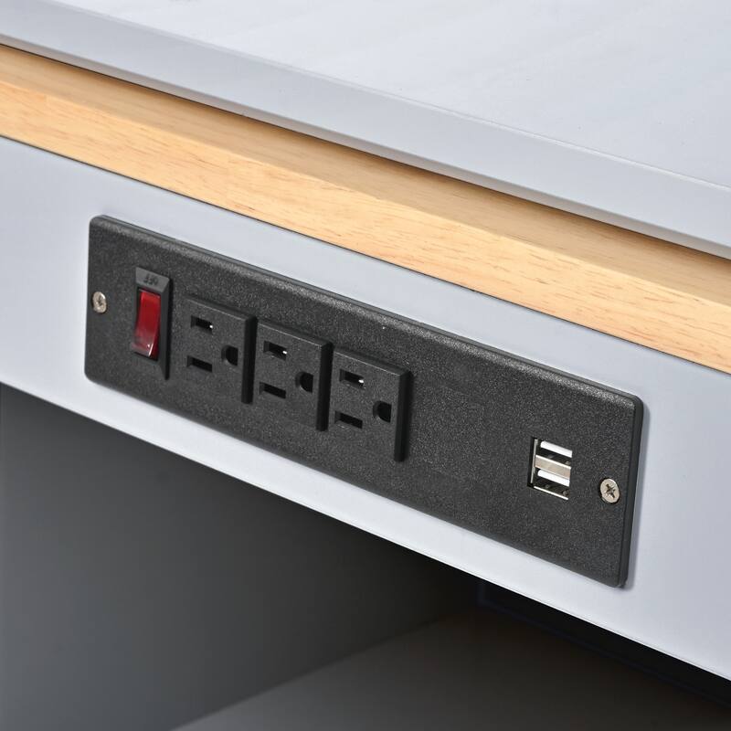 73.5'' Rubberwood Kitchen Island with LED Lights, Extended Table, Power Outlets and 2 Fluted Glass Doors