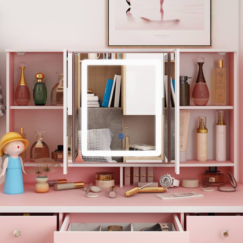 Vanity Desk with Mirror and Lights, Large Makeup Vanity Dressing Table