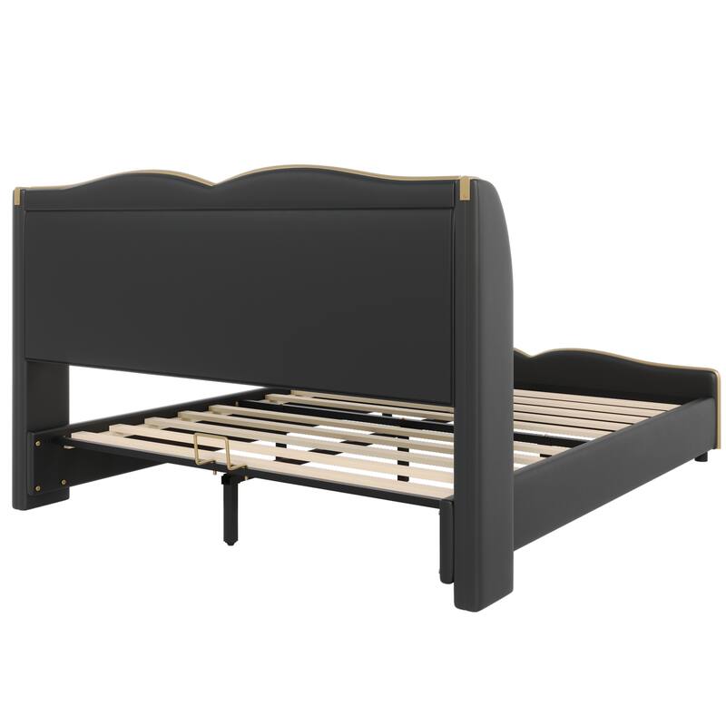PU Leather Upholstered Bed Wingback Bed, Platform Bed Frame with Wave-Shaped Headboard & Footboard