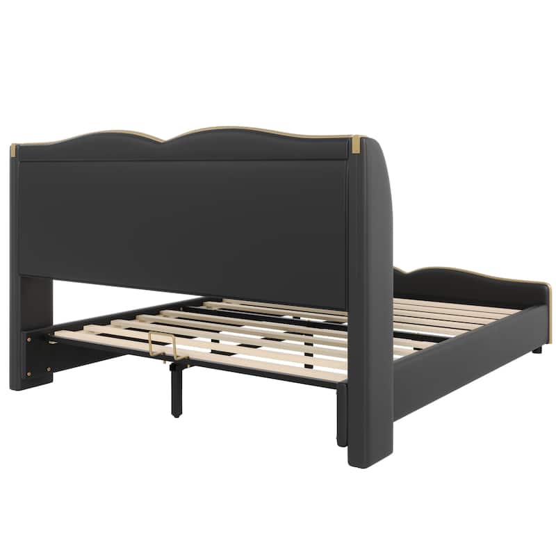 Roomfitters Queen Size PU Upholstered Platform Bed Frame with Wingback Headboard and Wavy Footboard, Modern Leather Bed