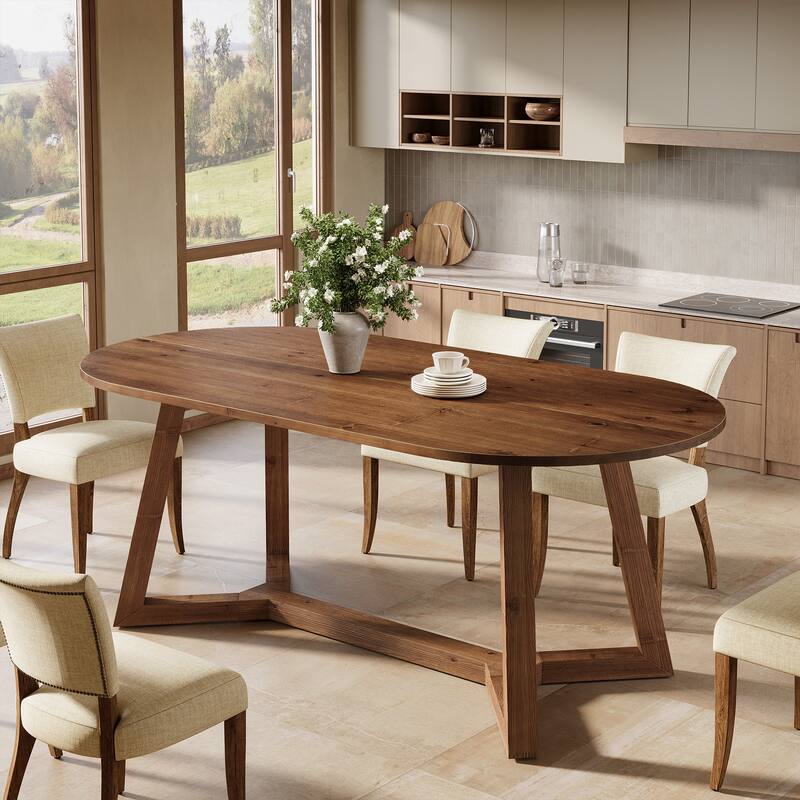 63-Inch Solid Wood Oval Dining Table, Wooden Farmhouse Kitchen Table