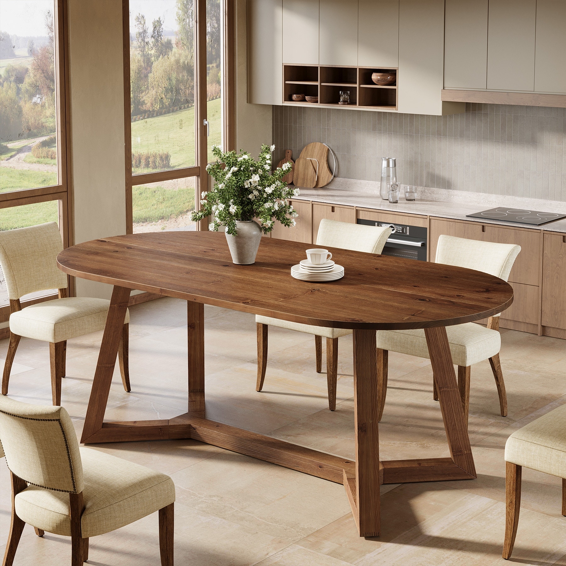 63-Inch Solid Wood Oval Dining Table, Wooden Farmhouse Kitchen Table