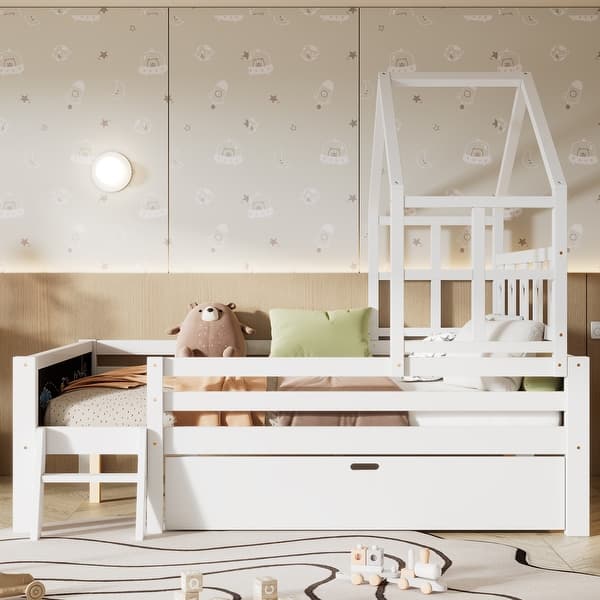 slide 2 of 14, Full Size Blackboard Design House Bed with Ladder and Storage Drawers White