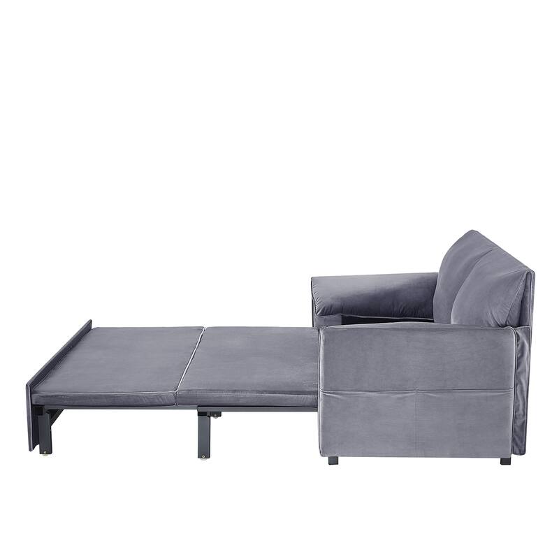 63 inch Grey Velvet Variable Sofa Bed with Double Armrest, Convertible to King Size Bed