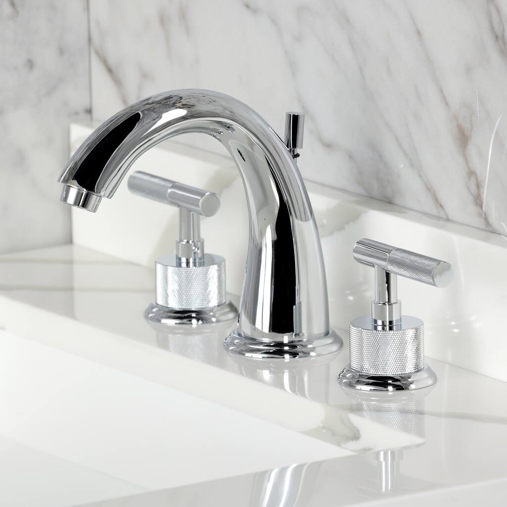 Kingston Brass Convergent Two-Handle 3-Hole Deck Mount Widespread Bathroom Faucet with Knurled Handle and Brass Pop-Up Drain