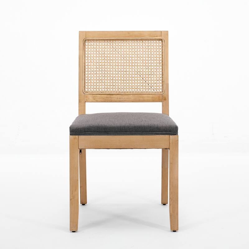 Roomfitters Rattan Dining Chairs Set of 2, Mid-Century Farmhouse Kitchen Chairs with Cane Back and Linen Upholstery