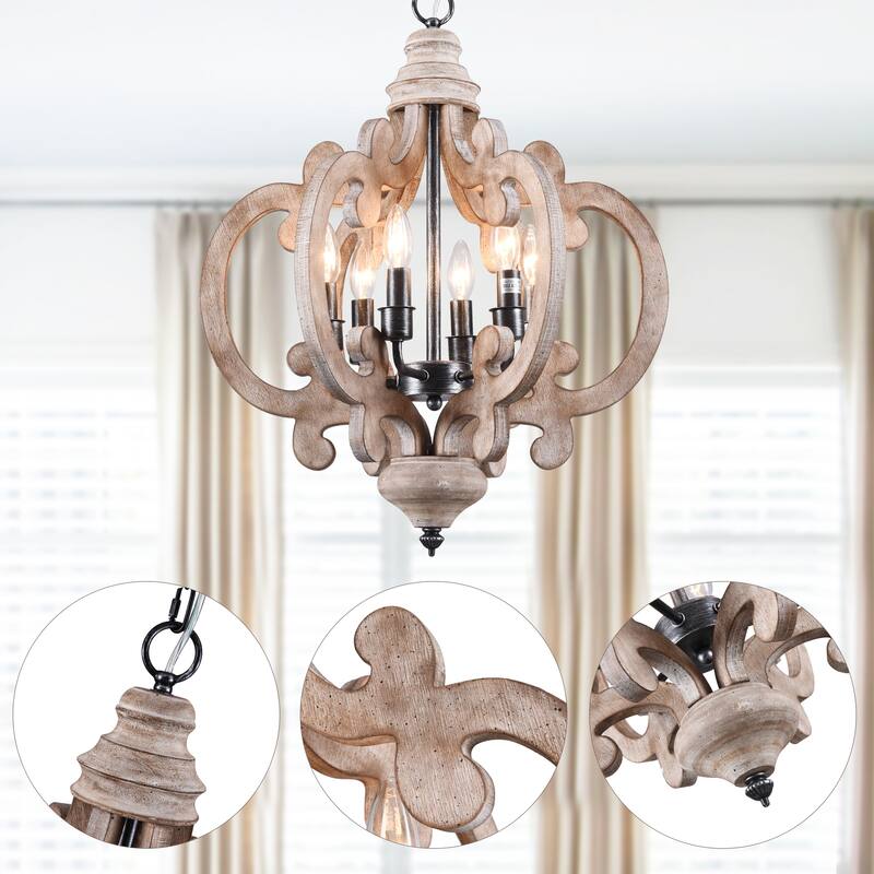 CurveCurio Retro 6-Light Rustic Wood Pendant Light Farmhouse Style Chandelier for Dining Room Living Room and Foyer