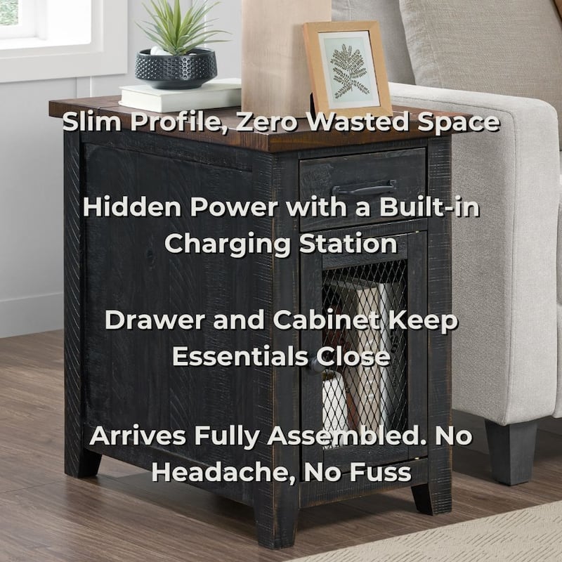 Rustic Solid Wood Chairside End Table with Hidden Charging Station