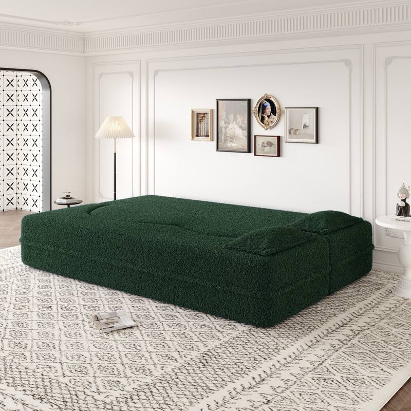 Modern Convertible Teddy Fabric Foam-Filled Sleeper Sofa Bed with 2 Pillows