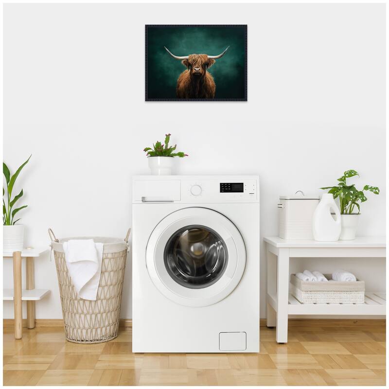 Kate and Laurel Highland Cow on Tonal Teal Green Abstract by The Creative Bunch Studio Framed Canvas Wall Art Print