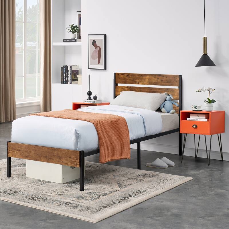 3-Pieces Bedroom Set with Rustic Brown Platform Bed Frame and Nightstands Set of 2