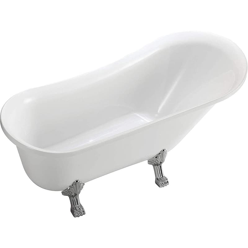 Vanity Art 68.9" Freestanding White Acrylic Bathtub Modern Stand Alone Soaking Tub with Polished Chrome & Pop-up Drain