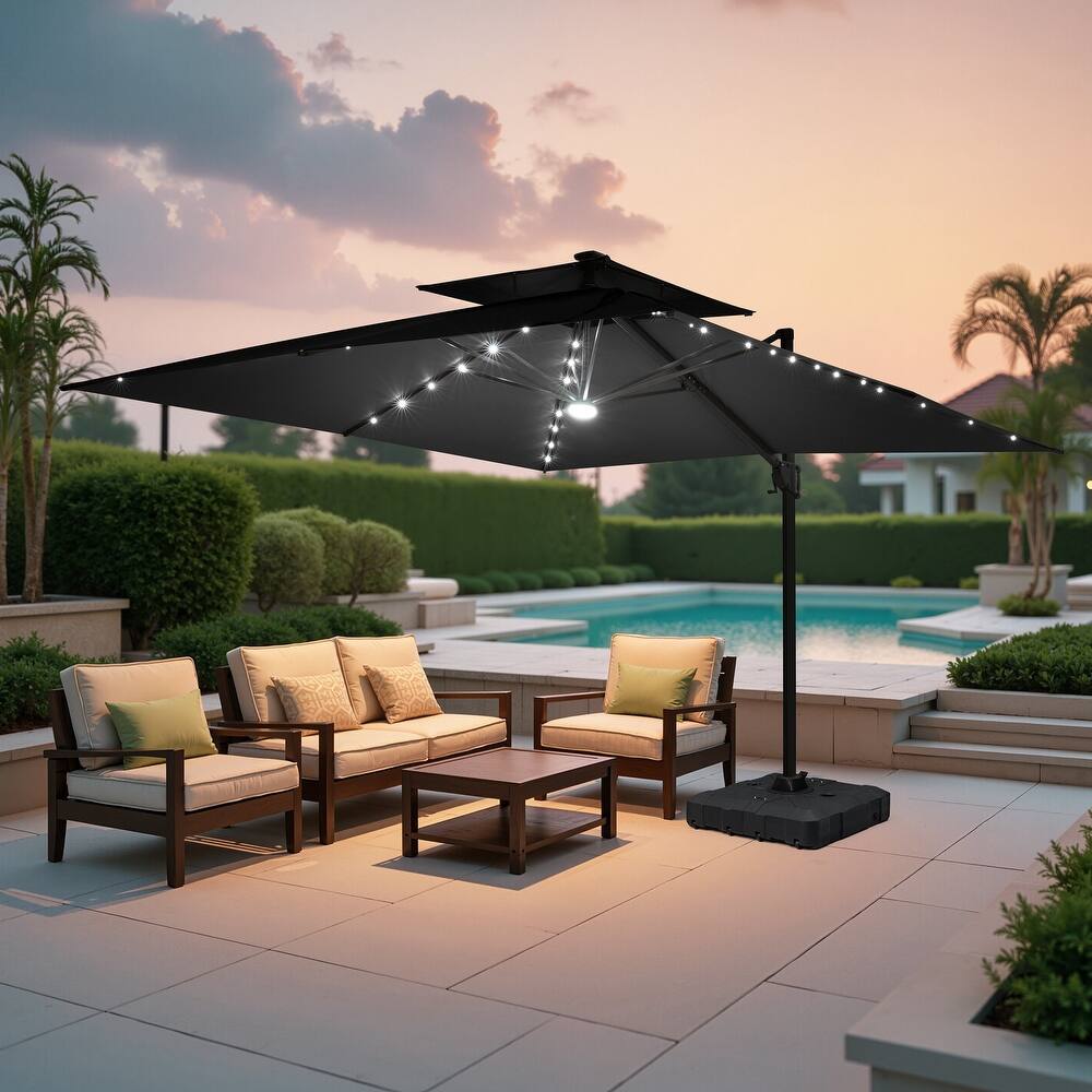 11FT Patio Cantilever Umbrella with LED Lights Double Vented Umbrella with Weighted Base