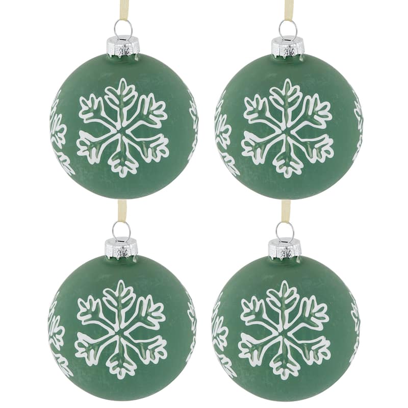 4Ct Green Glass Christmas Ball Ornaments With White Snowflakes 3" 80mm