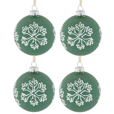 4Ct Green Glass Christmas Ball Ornaments With White Snowflakes 3" 80mm
