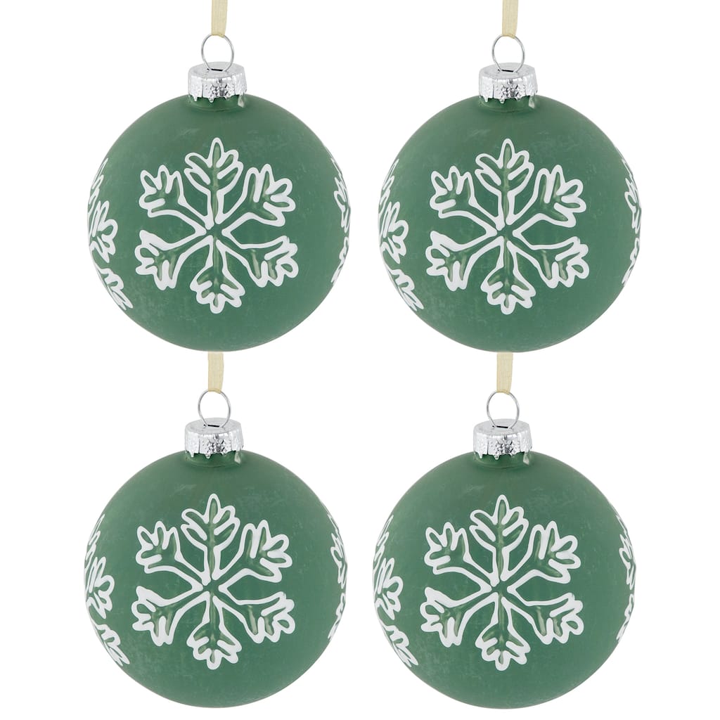 4Ct Green Glass Christmas Ball Ornaments With White Snowflakes 3" 80mm