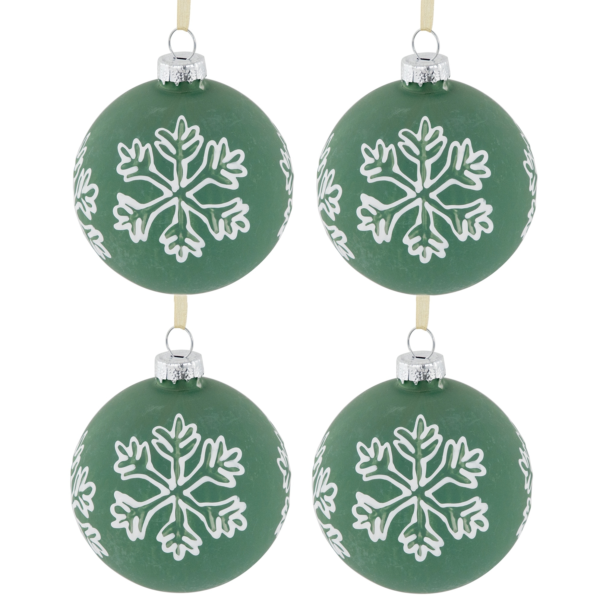 4Ct Green Glass Christmas Ball Ornaments With White Snowflakes 3" 80mm
