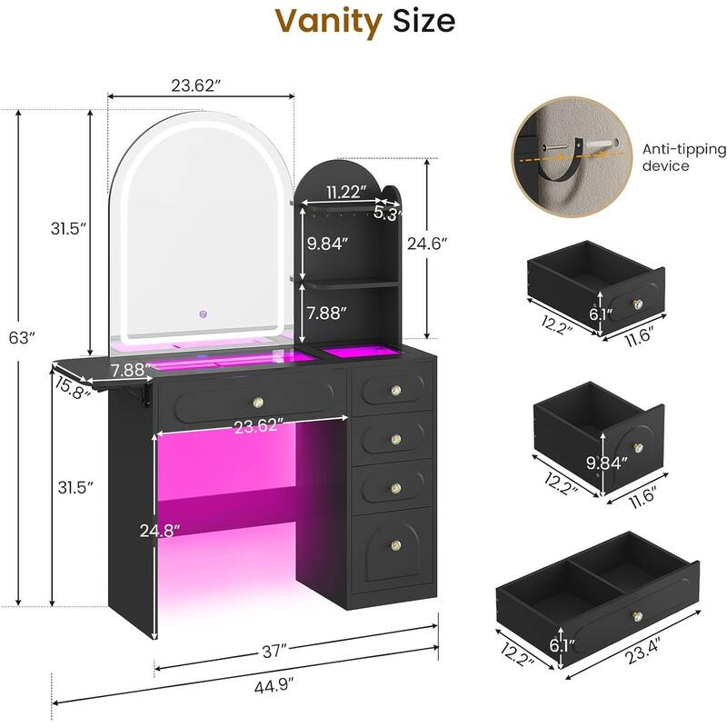 Vanity Desk with Large Mirror and LED Lights 5 Drawers Shelves Glass Top