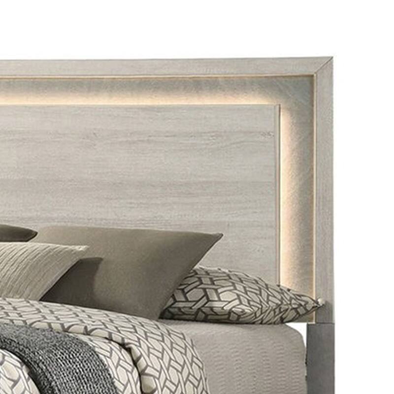 Nomi King Size Bed w LED on Headboard, Antique White Wash Finsih
