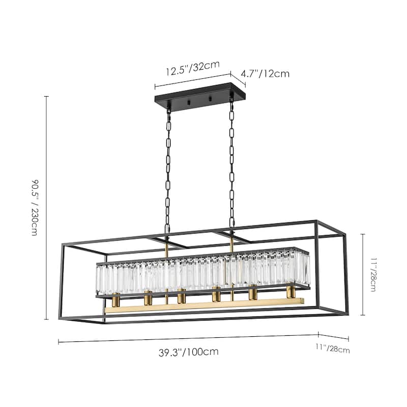 Rennnsan 6-Light Modern Black and Gold Rectangular Geometric Crystal Large Chandelier for Dining Room Table