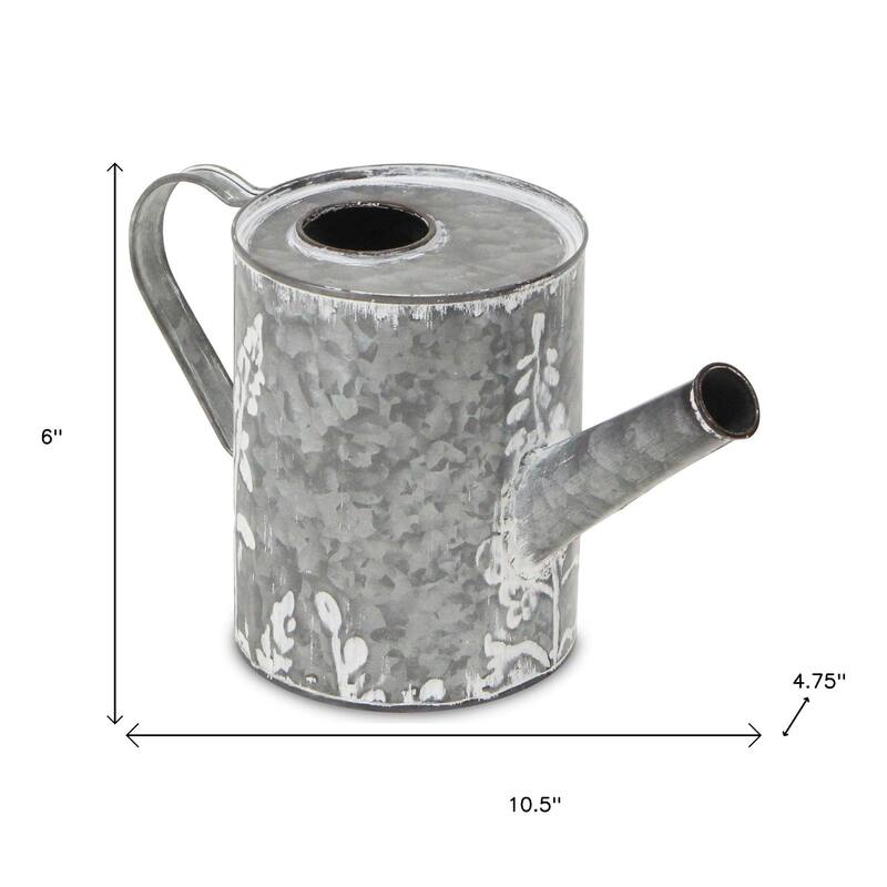 HomeRoots 6" Gray And White Galvanized Metal Flowers Hand Painted Decorative Watering Can - 10.50 in. x 6.00 in. x 4.75 in.
