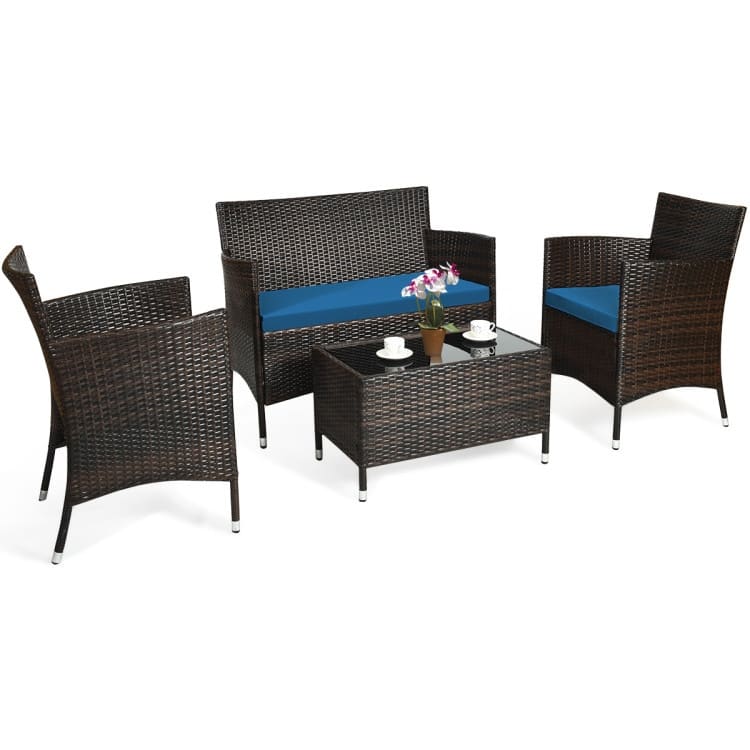 Rattan Patio Conversation Furniture Set with Glass Table and Comfortable Sofa - 4 Pcs