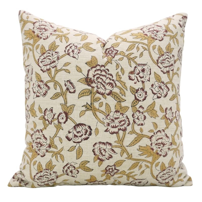 Fabdivine Handmade Floral or Weave Yellow Pillow Cover in Soft Linen for Block Print Room Boho Spring Home Décor, Lehar - Mrignayani- Brown, Mustard - 18" x 18" - Pillow Covers