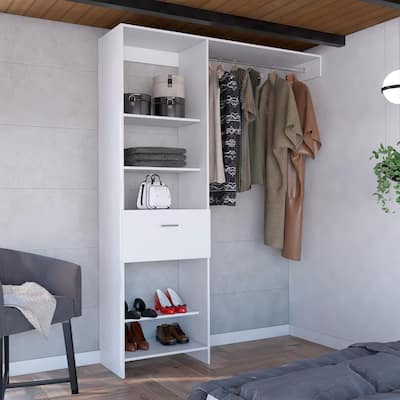 Closet System, Metal Rod, Five Open Shelves, One Drawer