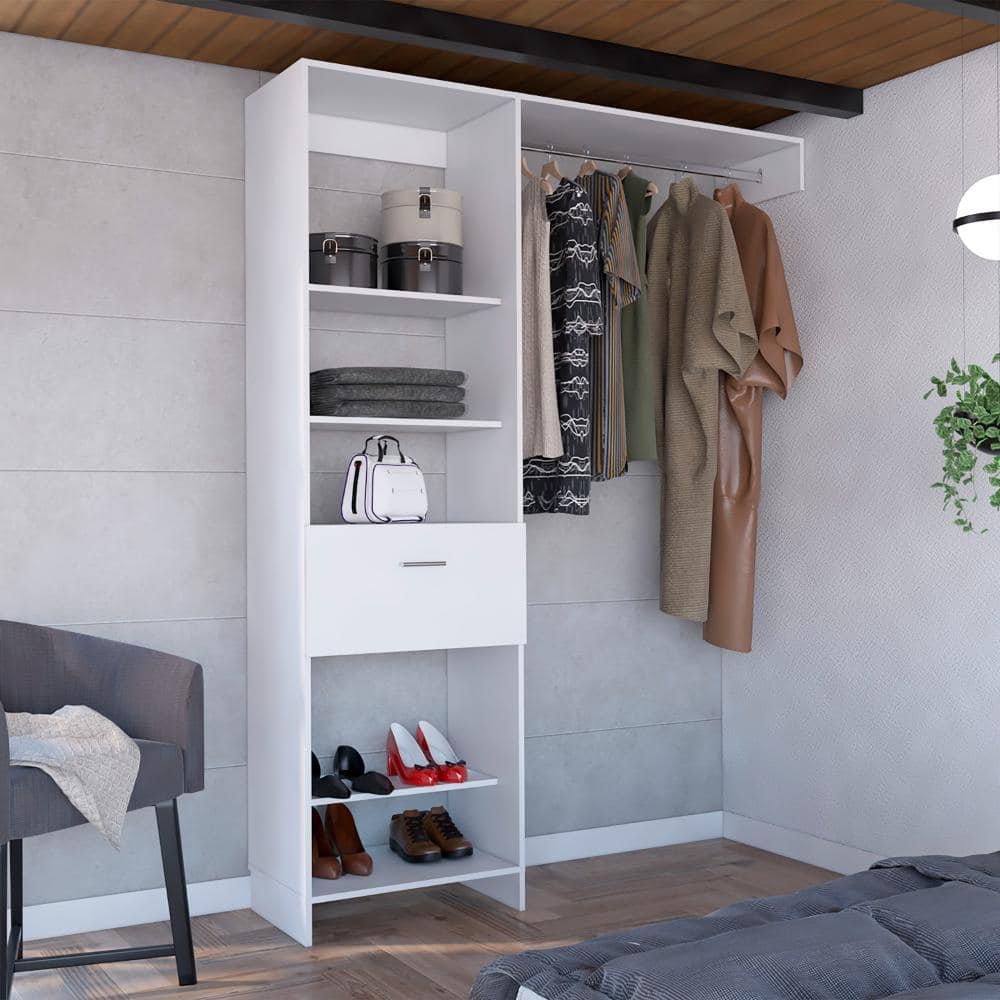 Closet System, Metal Rod, Five Open Shelves, One Drawer