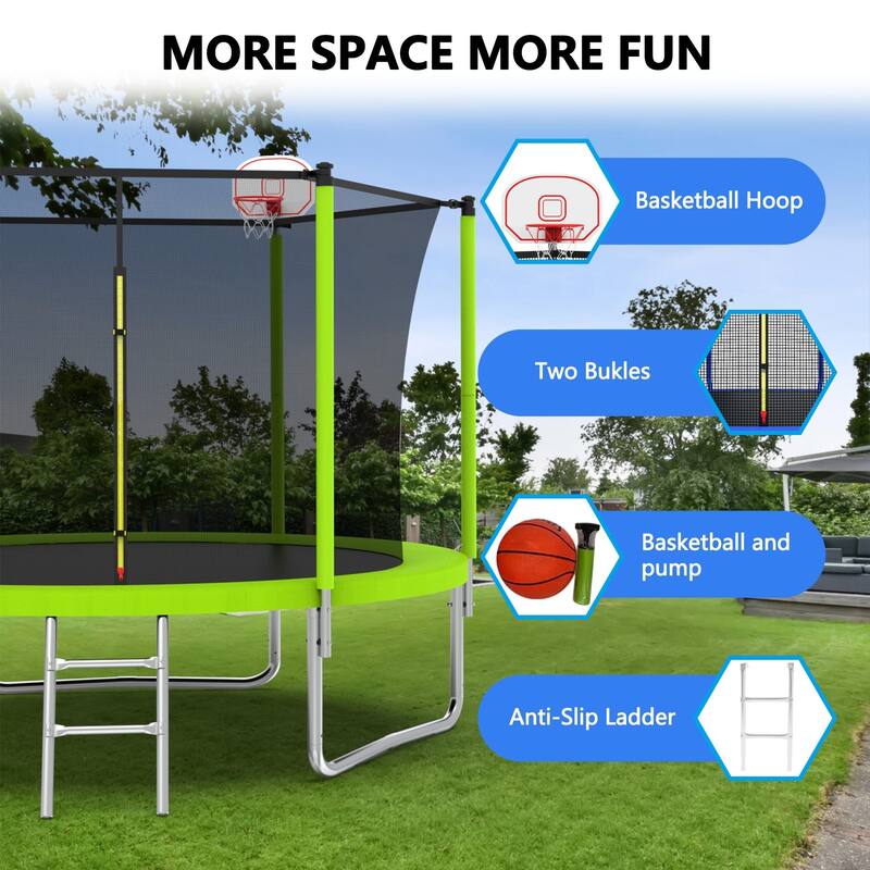 Outdoor Kids Trampoline with Basketball Hoop and Ladder, with Safety Enclosure for Backyard Fun