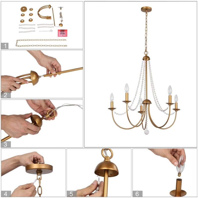 Alisar Mid-century Modern 5-Light Chandelier Swing Arms French Country Wood Beads Pendant Lights for Dining Room
