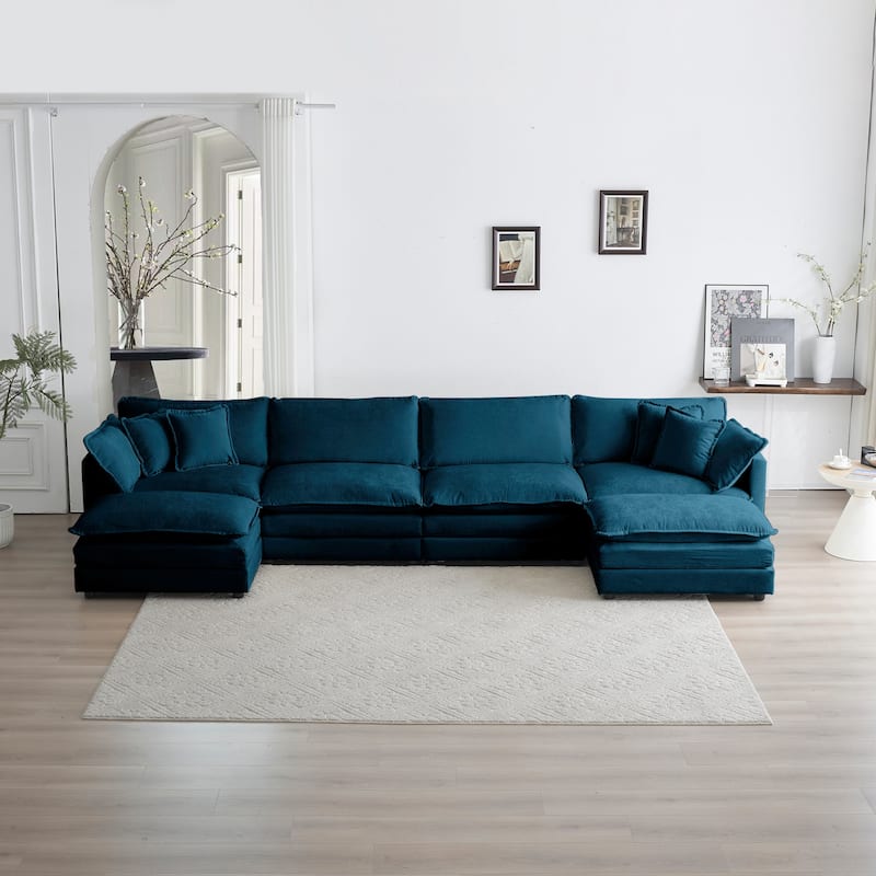 GDFStudio - Vale 4 Seater Sectional Sofa with Double Ottomans and Pillows - Blue