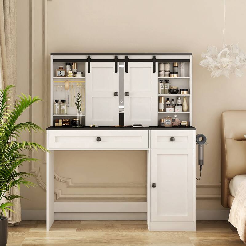 43" Wide Dressing Table with Lighted Mirror and Makeup Drawer, Large Modern Dressing Table Set with Hair Dryer Holder