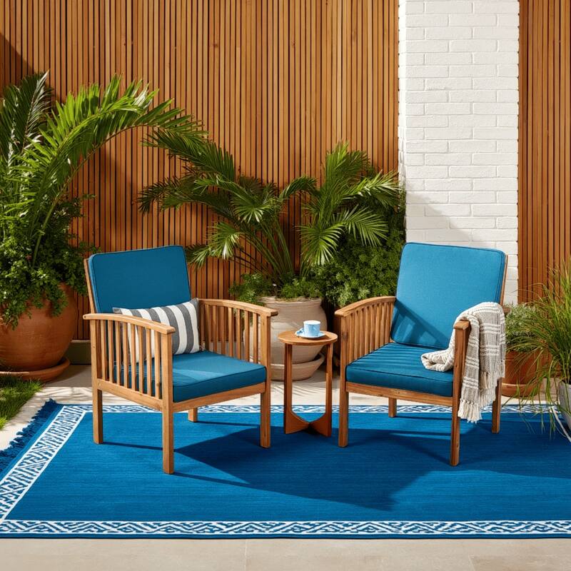 Gerry Outdoor Club Chair Set of 2, Slatted Design, Brown Wood, Blue