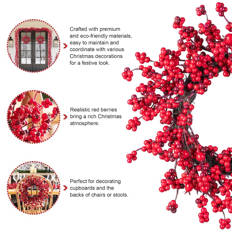 Glitzhome Christmas Red Berries 14"D/ 25"D Wreath & 6ft Garland