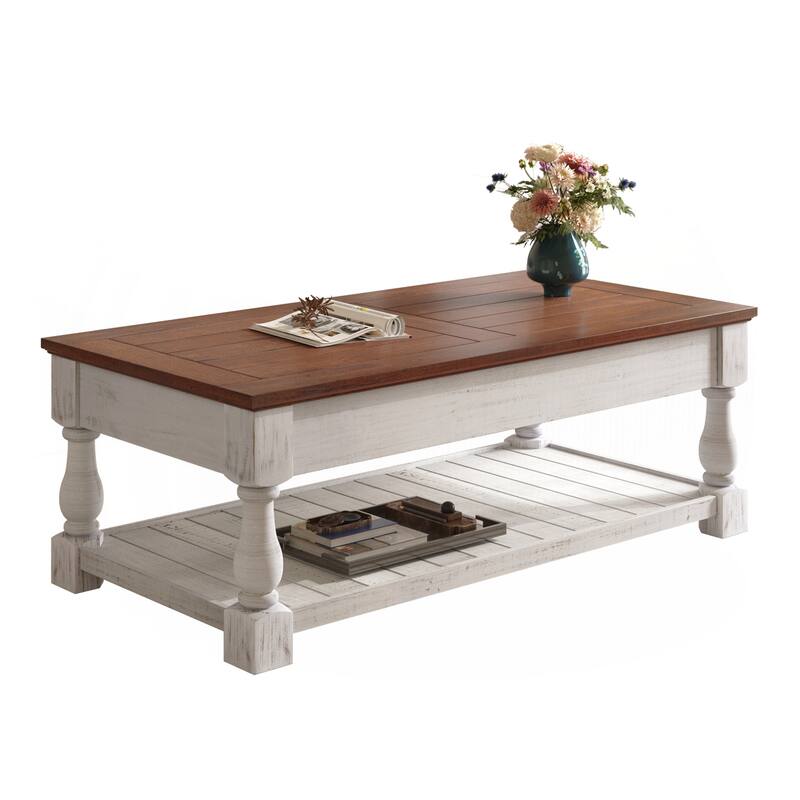 Farmhouse Lift Top Coffee Table with Fixed Shelf - 3 Hidden Storage Trays