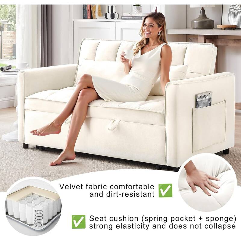 3 in 1 Convertible Sleeper Sofa Bed, Futon Couches for Living Room with Side Pocket, Adjustable Backrest