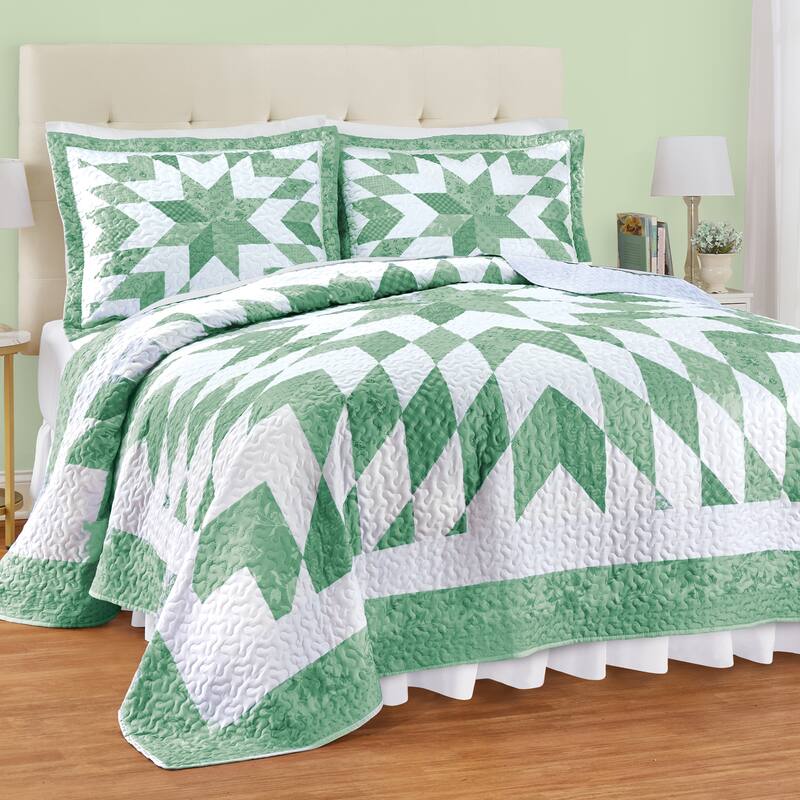 Oversized Classic Star Patchwork Floral Border Quilt - Sage - King