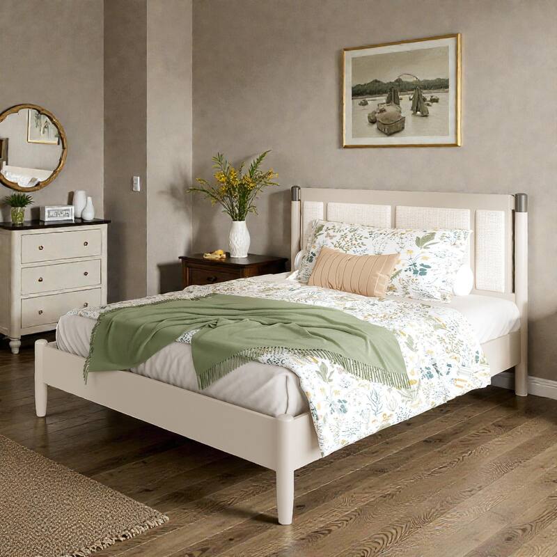 Solid Wood Platform Bed with Upholstered Headboard and Metal Handles, Heavy Duty 500 lbs Support, No Box Spring - Beige - Queen