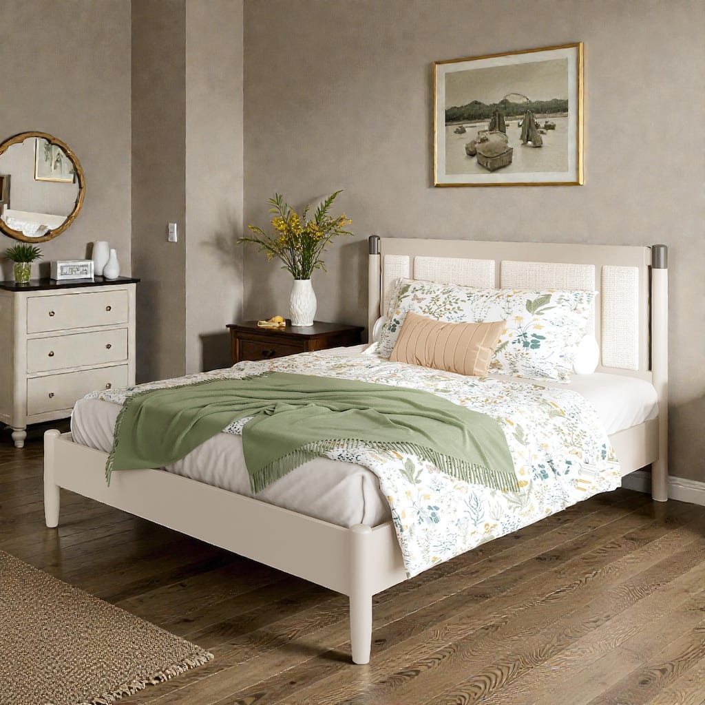 Solid Wood Platform Bed with Upholstered Headboard and Metal Handles, Heavy Duty 500 lbs Support, No Box Spring