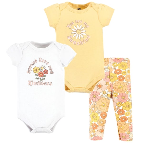 slide 1 of 1, Hudson Baby Infant Girl Cotton Bodysuit and Pant Set, Peace Love Flowers Short Sleeve Newborn - Peace Love Flowers Short Sleeve