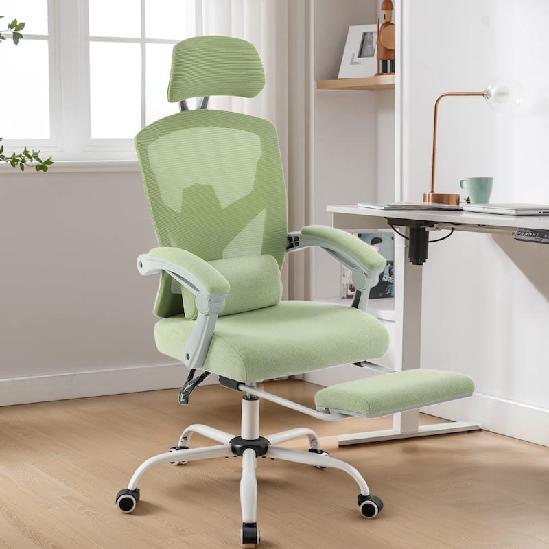 Home Office Desk Chair with Footrest, High-Back Mesh Rolling Swivel Reclining Chairs with Wheels, Comfortable Headrest - Green